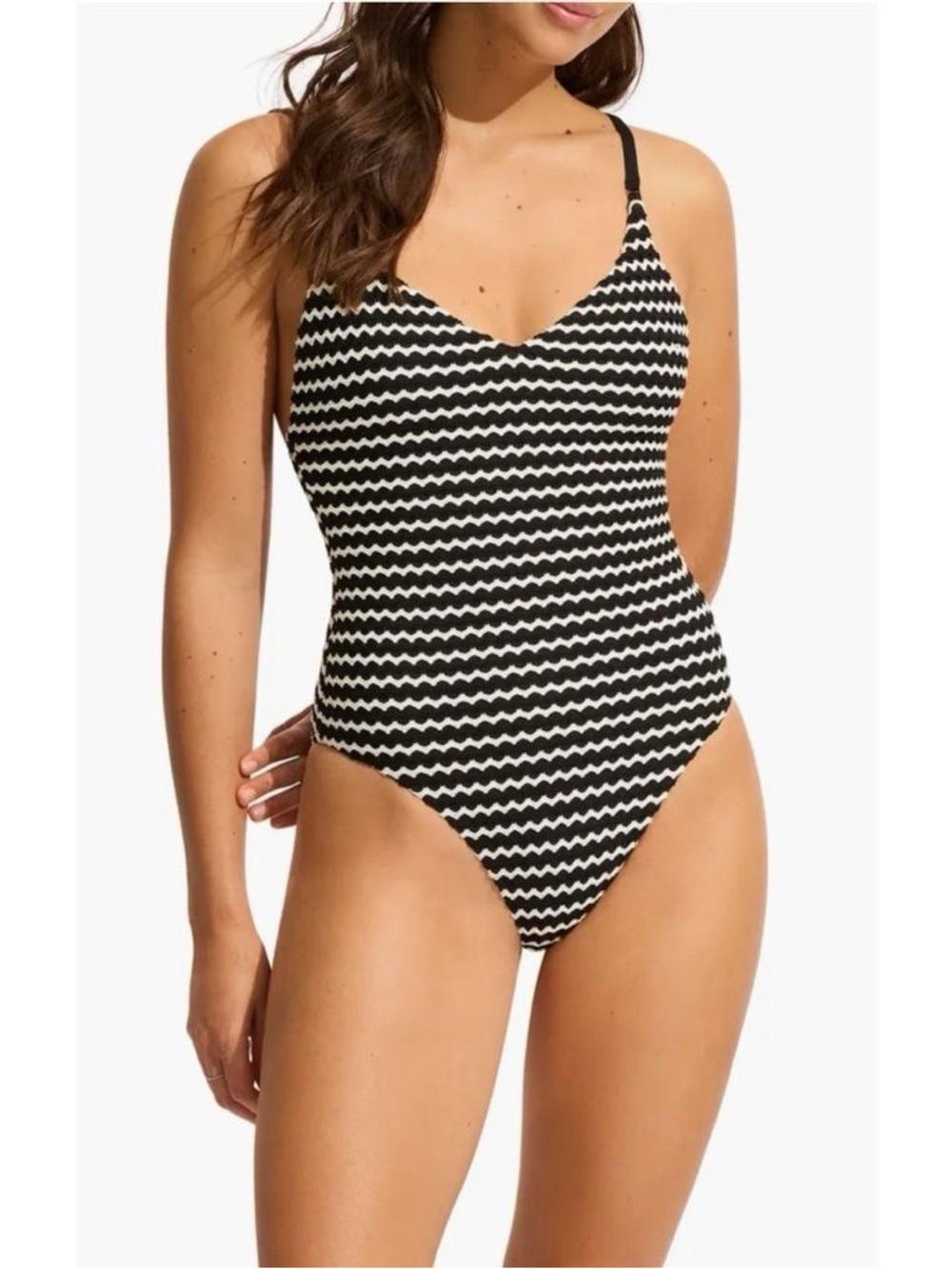 Seafolly Mesh Effect V Neck One Piece Swimsuit Black US 12 NWOT